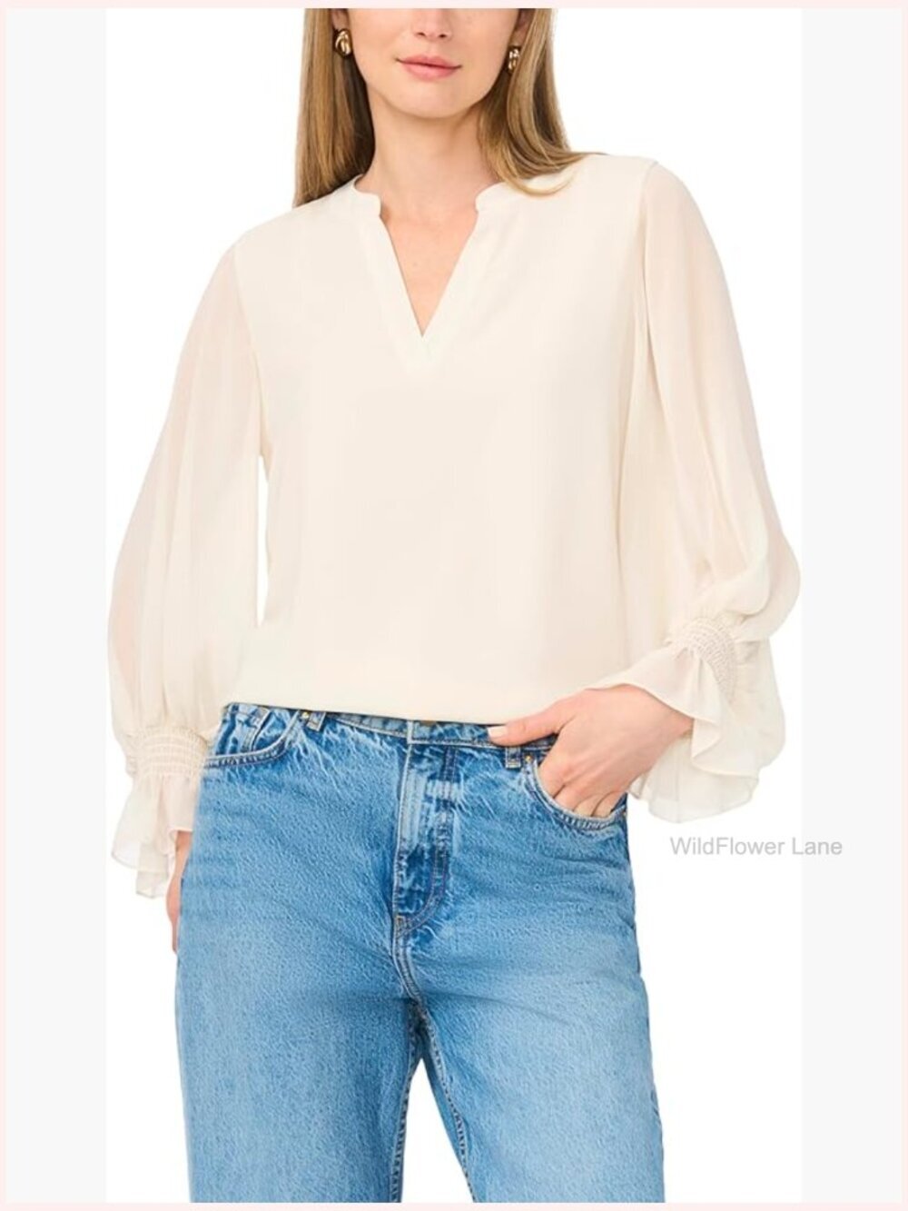 Women's Split Neck Long Sleeve Blouse with Smocked Cuff